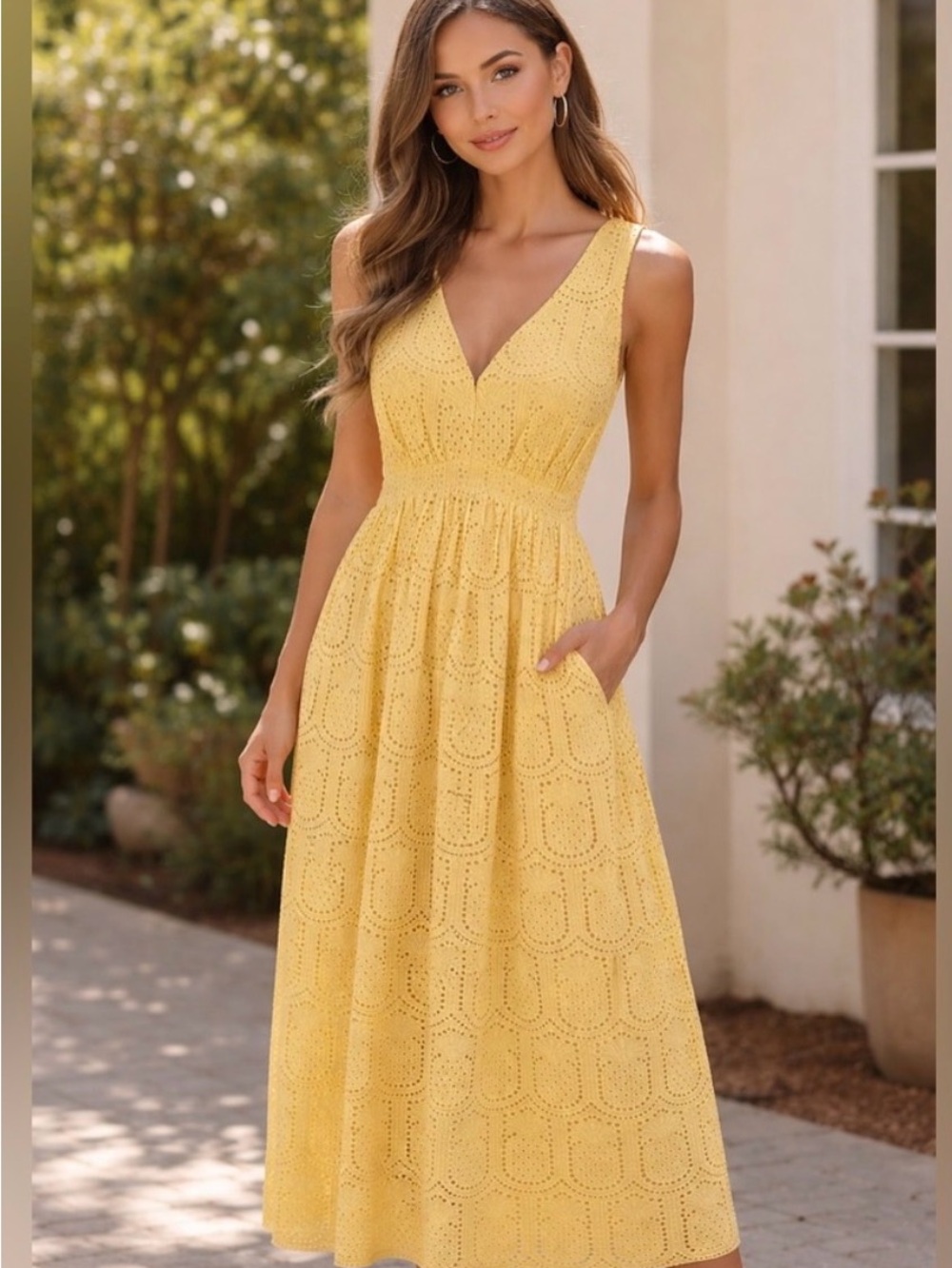 NWT Adelyn Rae Yellow Eyelet V-Neck Midi Dress